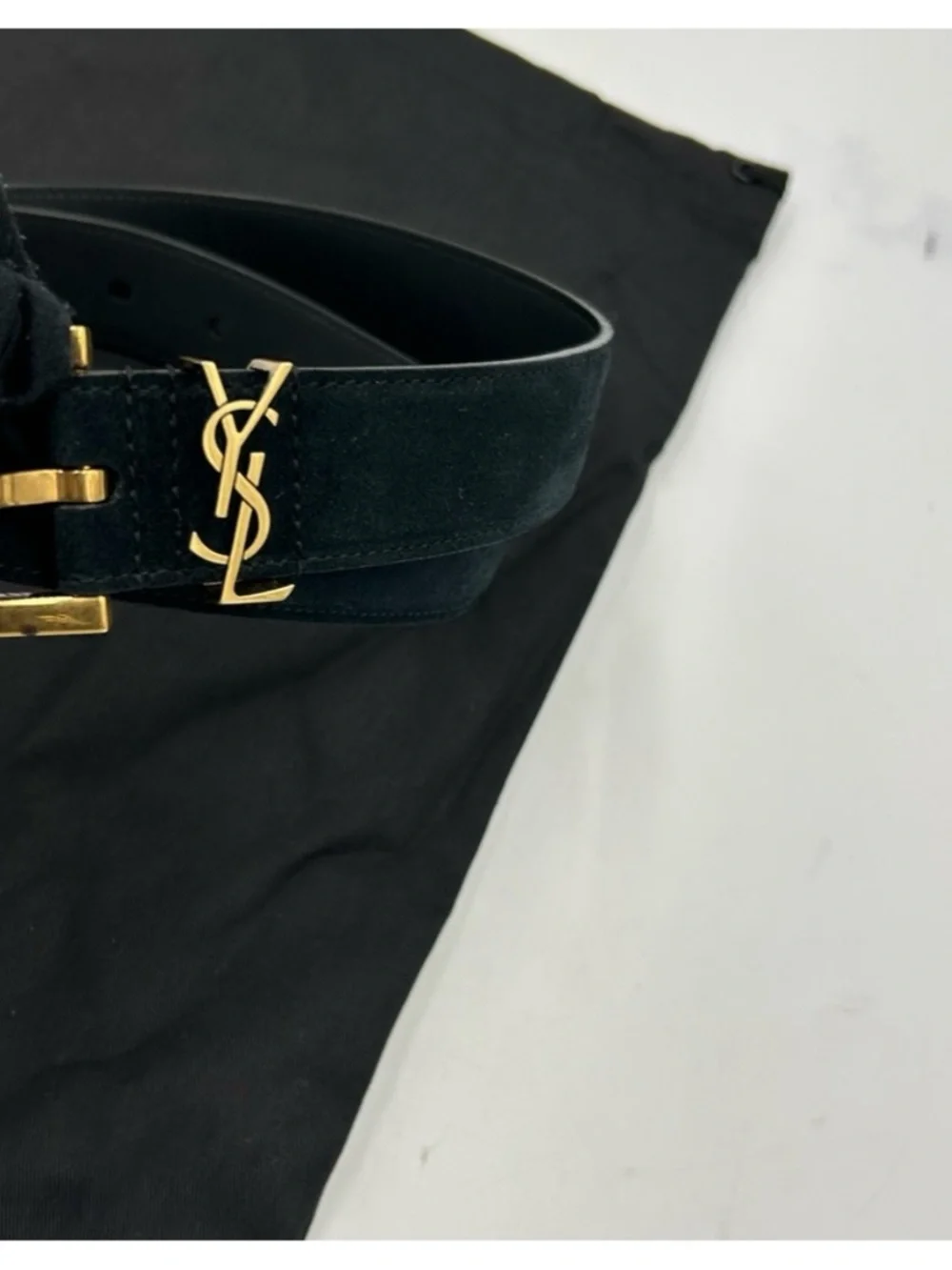 Women's Saint Laurent Black Suede Belt with Gold YSL Logo 80/32 inches
